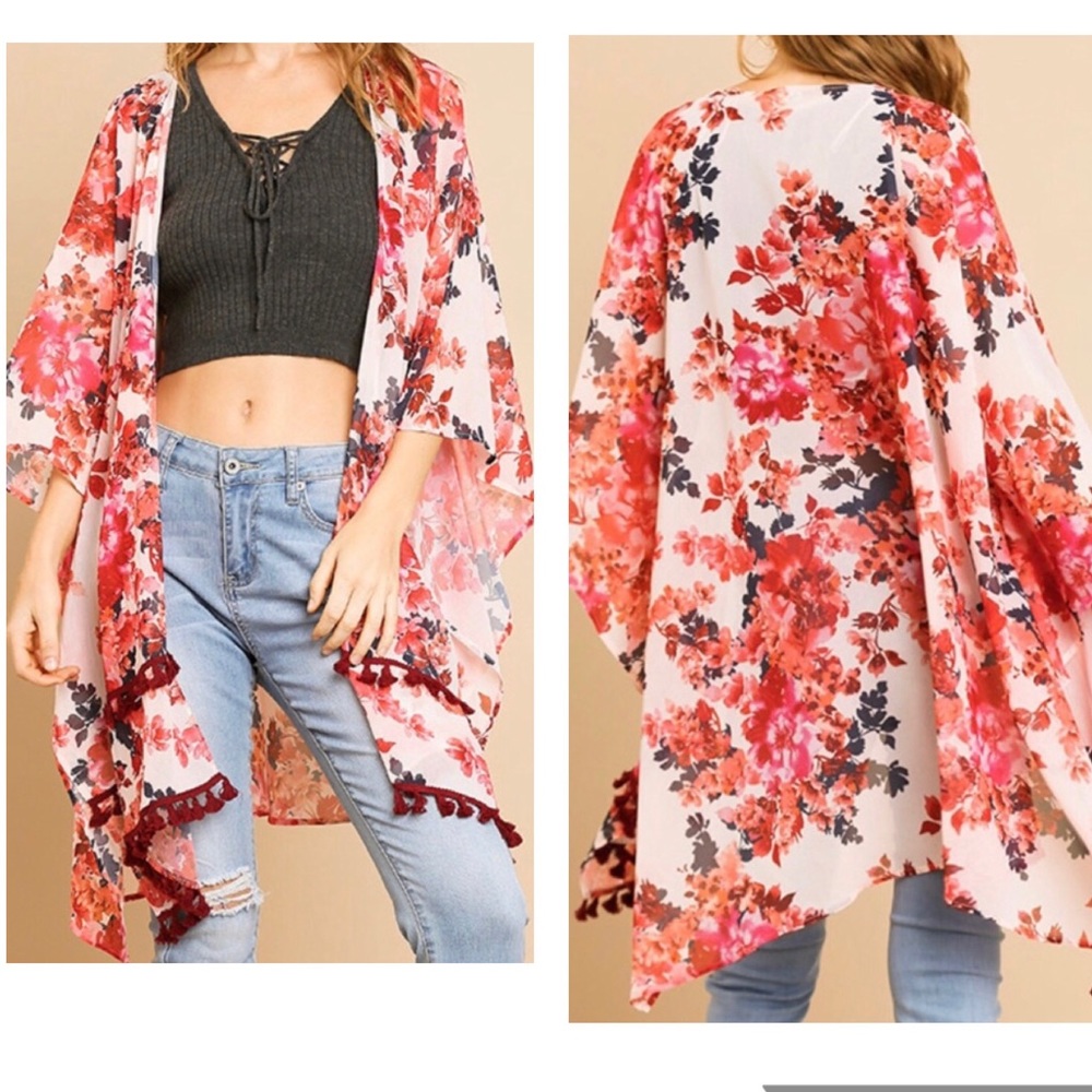Floral Print Kimono with Tassel Trim